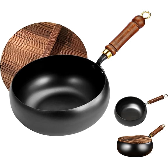 MUncoated Thick Iron Pot With lid, Japanese Iron Pan, Hand-Forged Non-Stick Stir Fry Pans Without Chemical Coating With Durable Wood Handle For Cooking