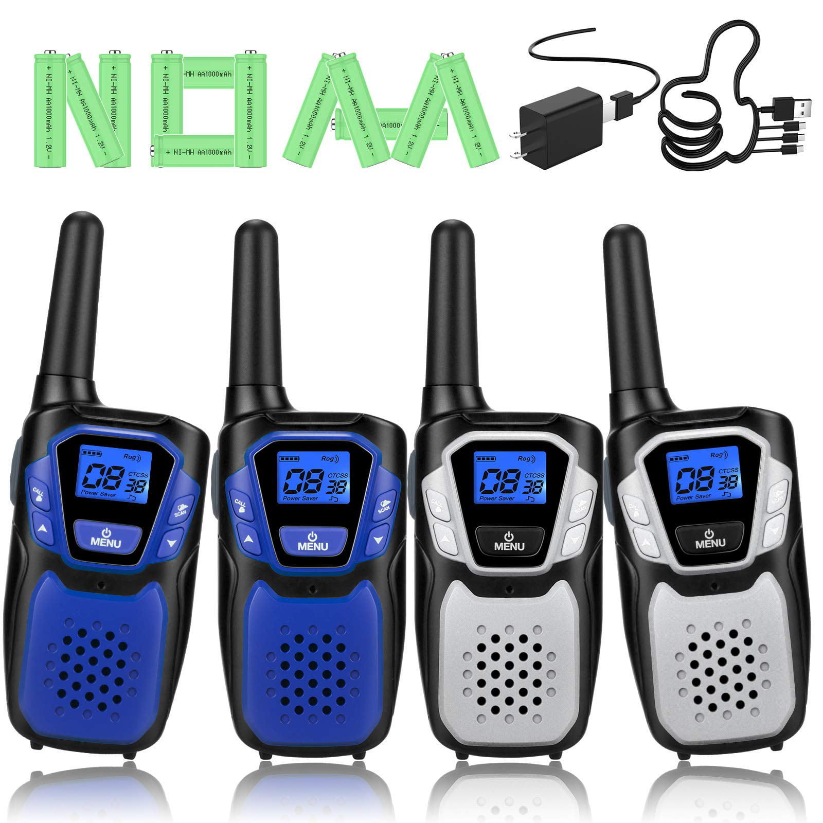 Walkie Talkies Rechargeable, Pack Easy to Use Long Range Walky Talky for  Adult Handheld Two Way Radio with NOAA for Hiking Camping (2Blue  2Silver  with Regular Micro-USB Charger/Battery/Lanyard)