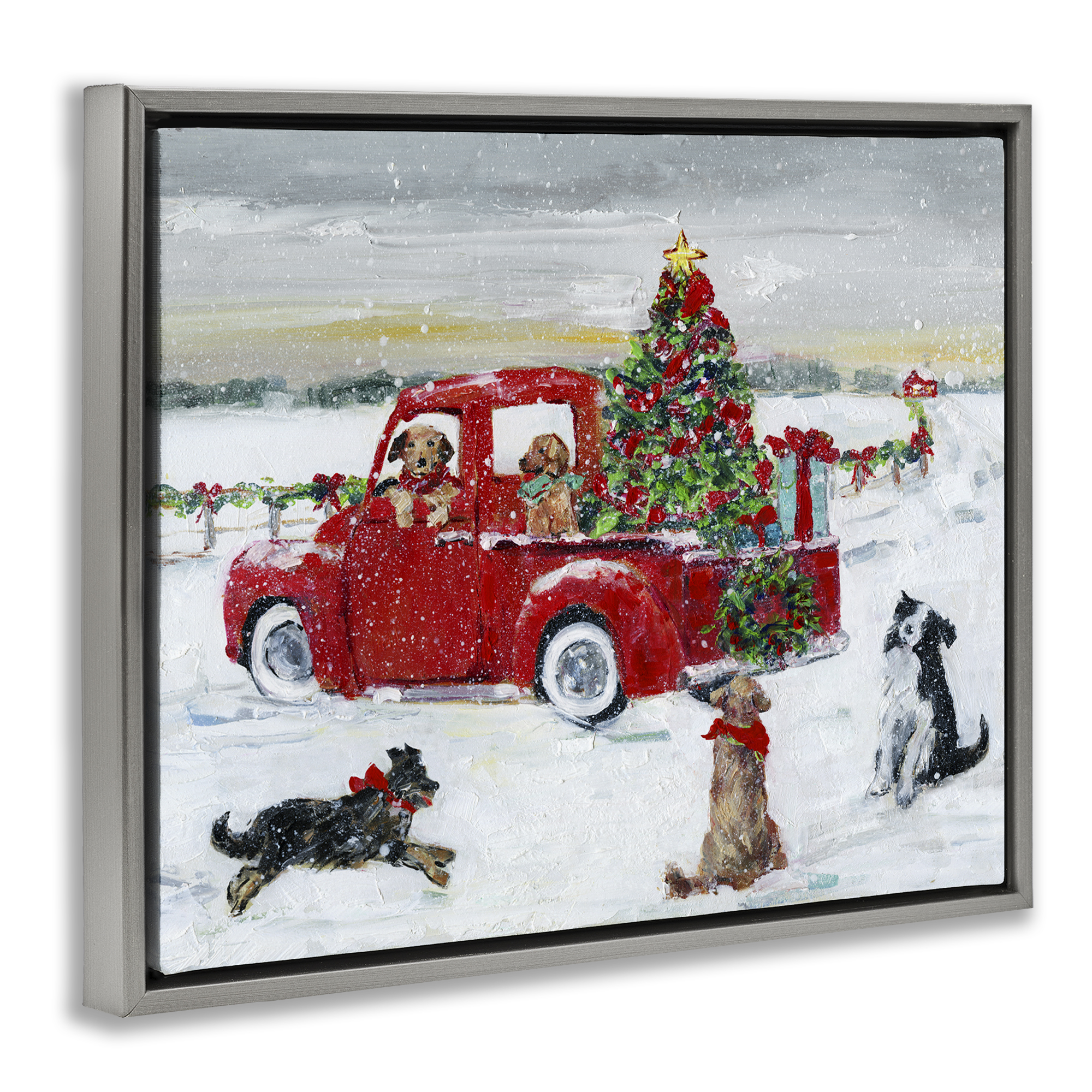 Stupell Industries Seasonal Truck with Dogs Holiday Painting Gray Floater Framed Canvas Art Prints Wall Art, 21 x 17