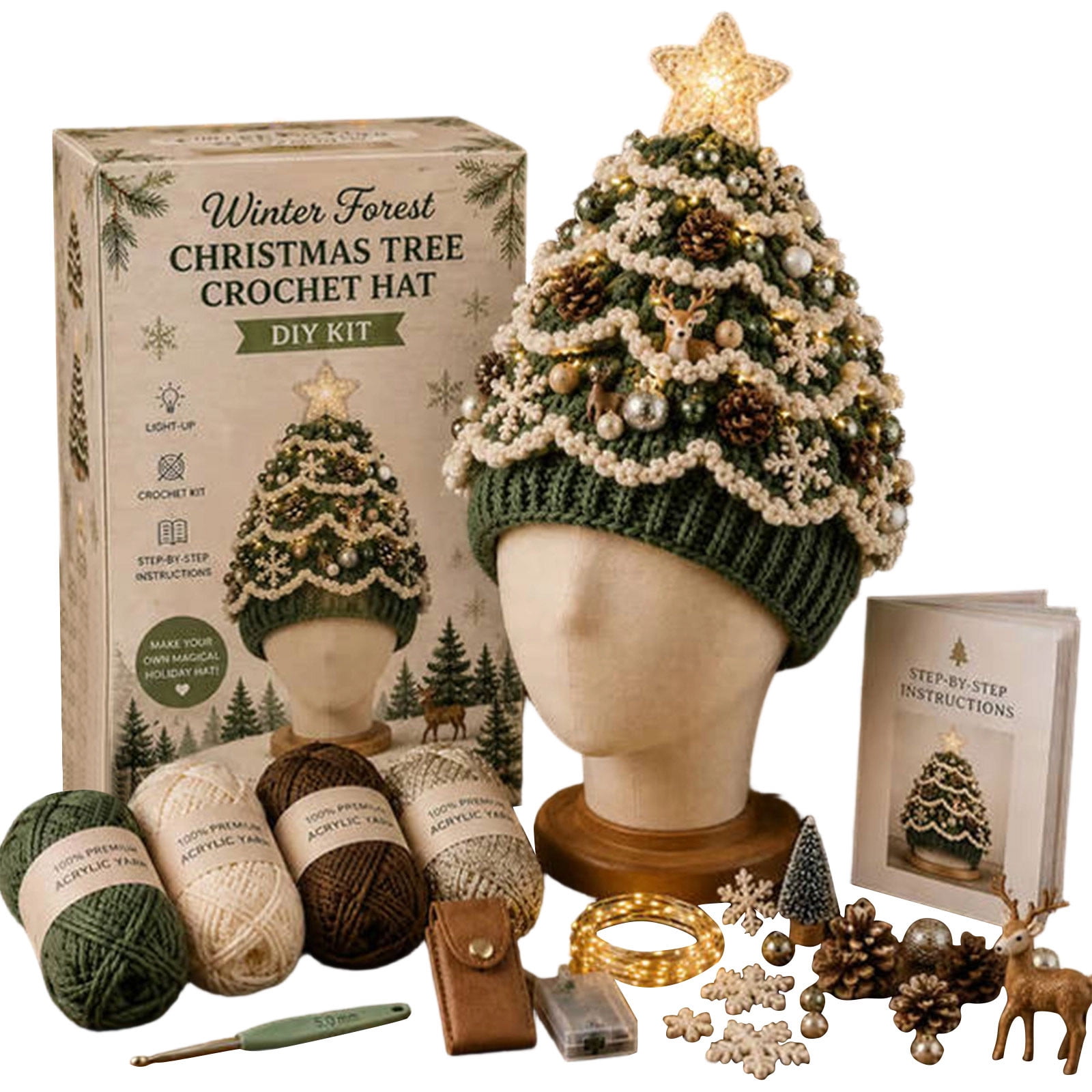 Crochet Christmas Tree Hat Kit DIY Holiday Yarn Craft Project DIY Art and Craft Kit for Adults and Kids Home Projects Classroom Activities and Handmade Gift Making