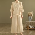 thumbnail image 2 of Two Piece Sets for Women Summer Casual Solid Color Cotton Linen Outfits 3/4 Sleeve Cardigan Wide Leg Pants Loungewear (Khaki XL), 2 of 6