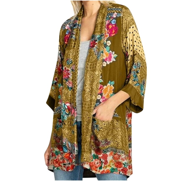 Cárdigan de mujer, cárdigan frontal abierto, nuevo cárdigan con estampado de flores para mujer, chaqueta con bolsillo, Top para mujer Odeerbi ODB-2