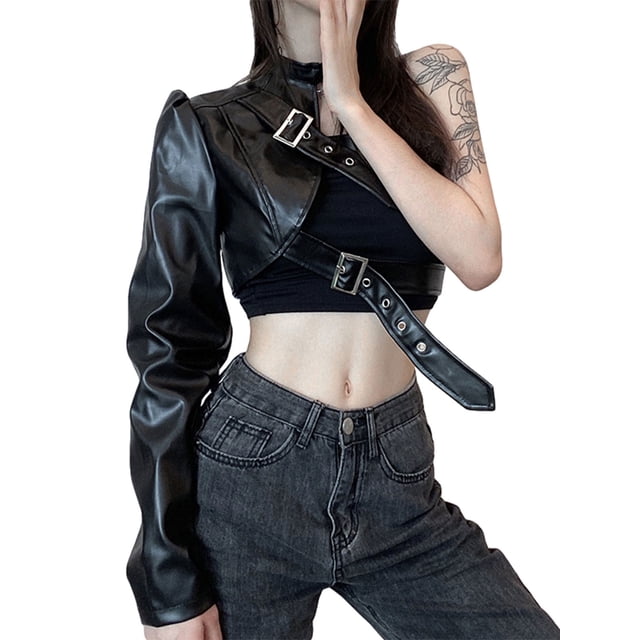 Faithtur Women Punk Style Crop Tops Cool Single Long Sleeve Neck Hanger