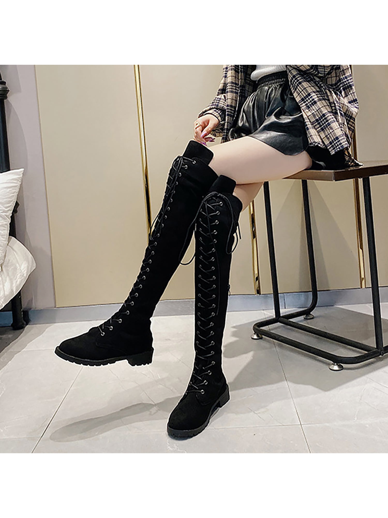 Fashion NEW Womens Knee High Slouch Boots Belt High Heel Pointy Toe Riding Shoes 