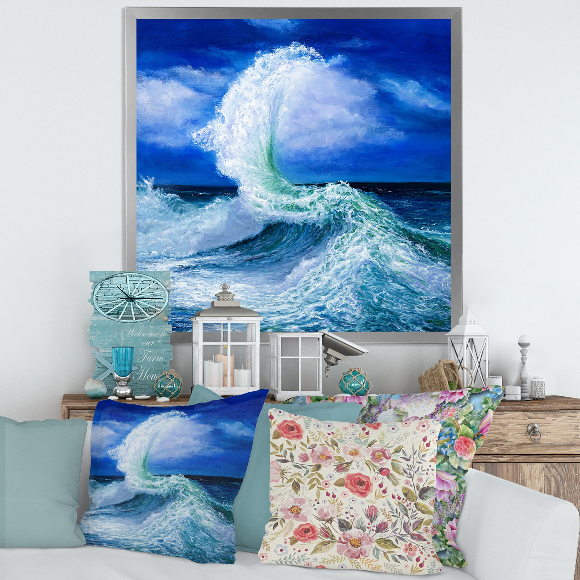 Waves Breaking During Wild Blue Ocean Tide 16 in x 16 in Framed Painting Canvas Art Print, by Designart