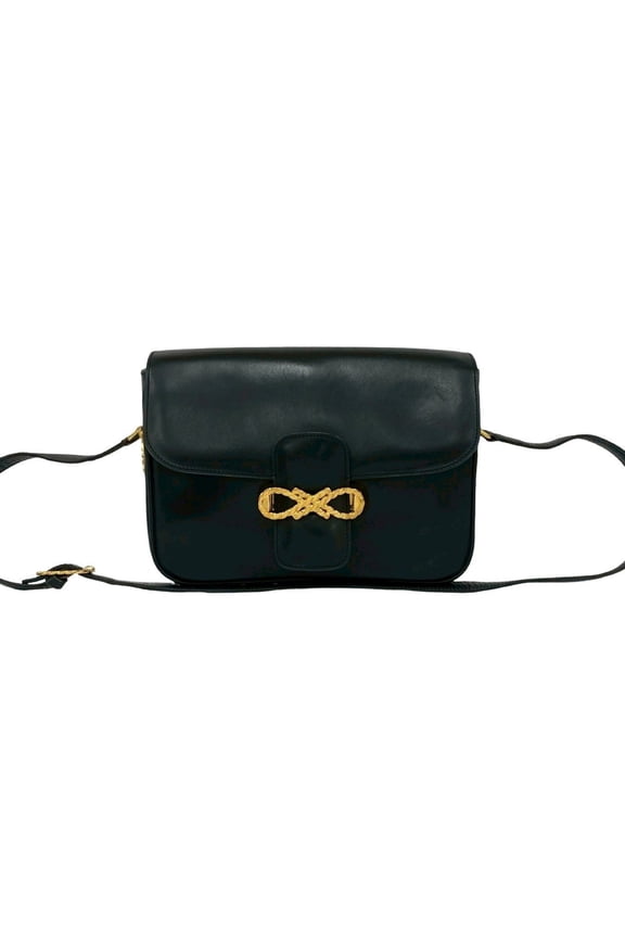 Pre-Owned CELINE Ribbon Motif Calf Leather Shoulder Bag/Pochette/Sacoche Black 2160a (Good)