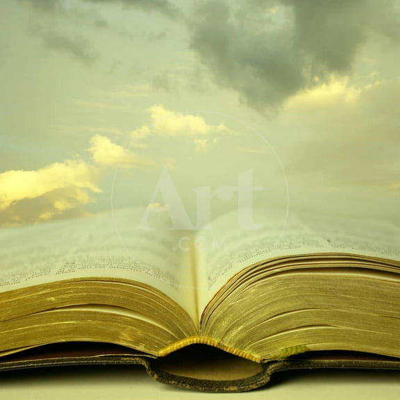 Detail of an Old Holy Bible Open with a Beautiful and Mystical Sky in the Background in a Golden Li, Scenic Unframed Photographic Print Wall Art by Valentina Photos Sold by ArtCom