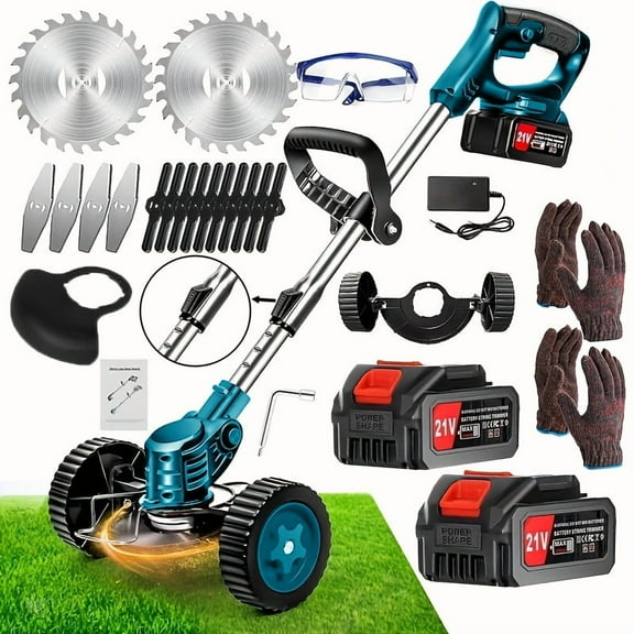 21V Cordless Electric Lawn Mower - 2 Lithium Batteries, 3 Blades, Handheld & Multifunctional - Lightweight for Yard Edging & Trimming - Father’s Day Gift
