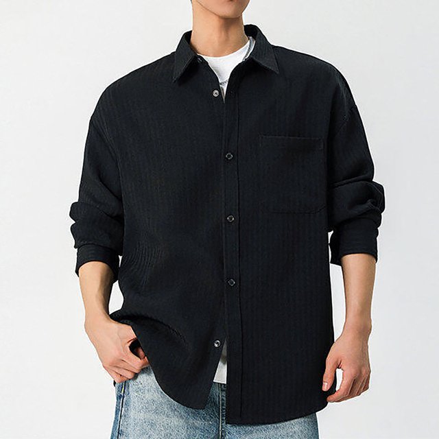 Ofreoo Chemise Décontractée à Rayures pour Hommes, Boutons, Col à Revers, Manches Longues, Mode. Remises, Noir TTG