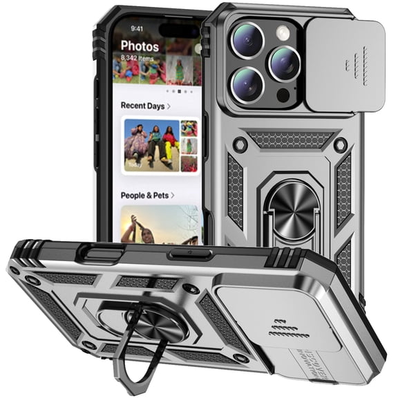 TECH CIRCLE for iPhone 14 Pro Max PC TPU Hybrid Case with Slide Camera Lens Cover, Military-Grade Magnetic Ring Car Mount Holder Kickstand Dual Layer Shockproof Protective Cover,Silver