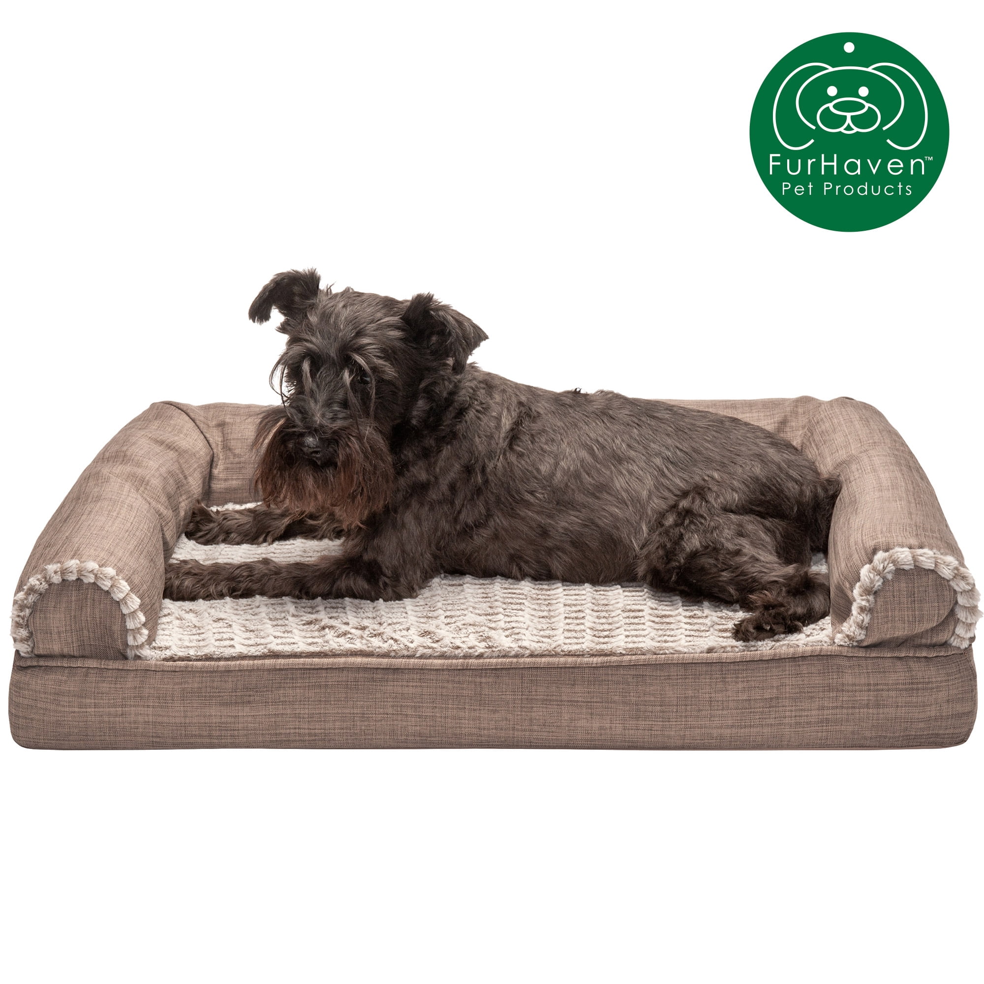 FurHaven Pet Products Luxe Fur & Performance Linen Cooling Gel Top Sofa Pet Bed for Dogs & Cats - Woodsmoke, Medium