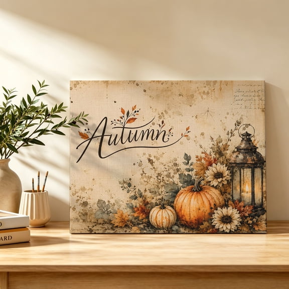 Autumn Thanksgiving Canvas Wall Art, Rustic Vintage Orange Pumpkin Sunflower Leaf Wall Art Prints Artwork Framed Canvas Ready to Hang Art Pictures for Bedroom Living Room Closet Kitchen 16" x 12"