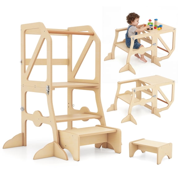 Gymax 2 in 1 Toddler Tower w/Removable Safety Bar for Children 3  Years Old Natural