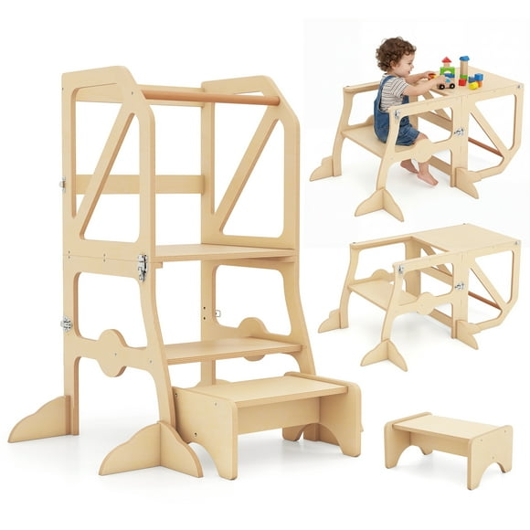 Gymax Tour 2 en 1 pour Tout-Petit avec Barre de Sécurité Amovible pour Enfants de 3+ Ans Naturel