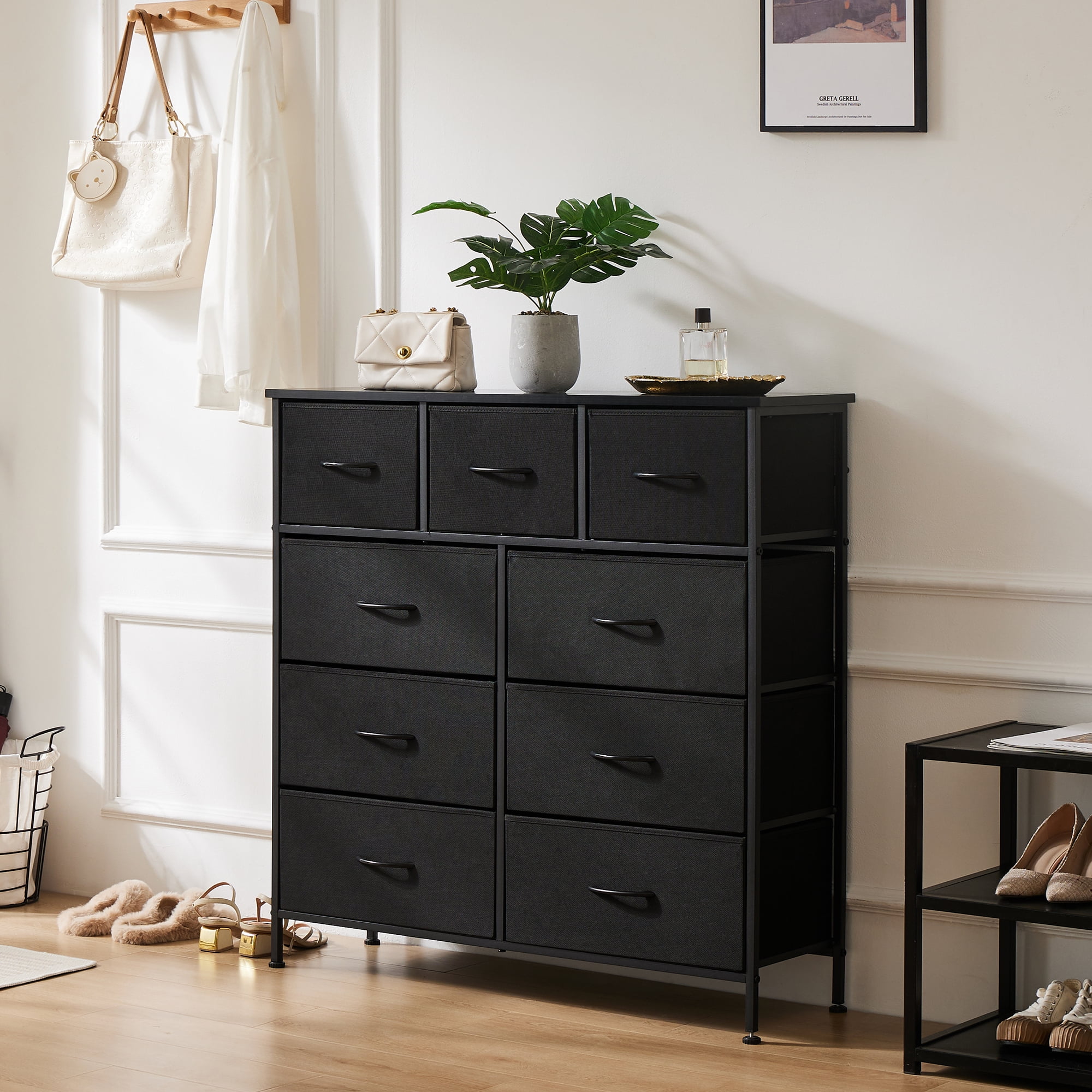 EDX 9 Drawer Dresser, Wide Chest of Drawers Nightstand Storage Tower Storage Fabric Dresser with Wood Top for Living Room, Bedroom, Hallway,Black