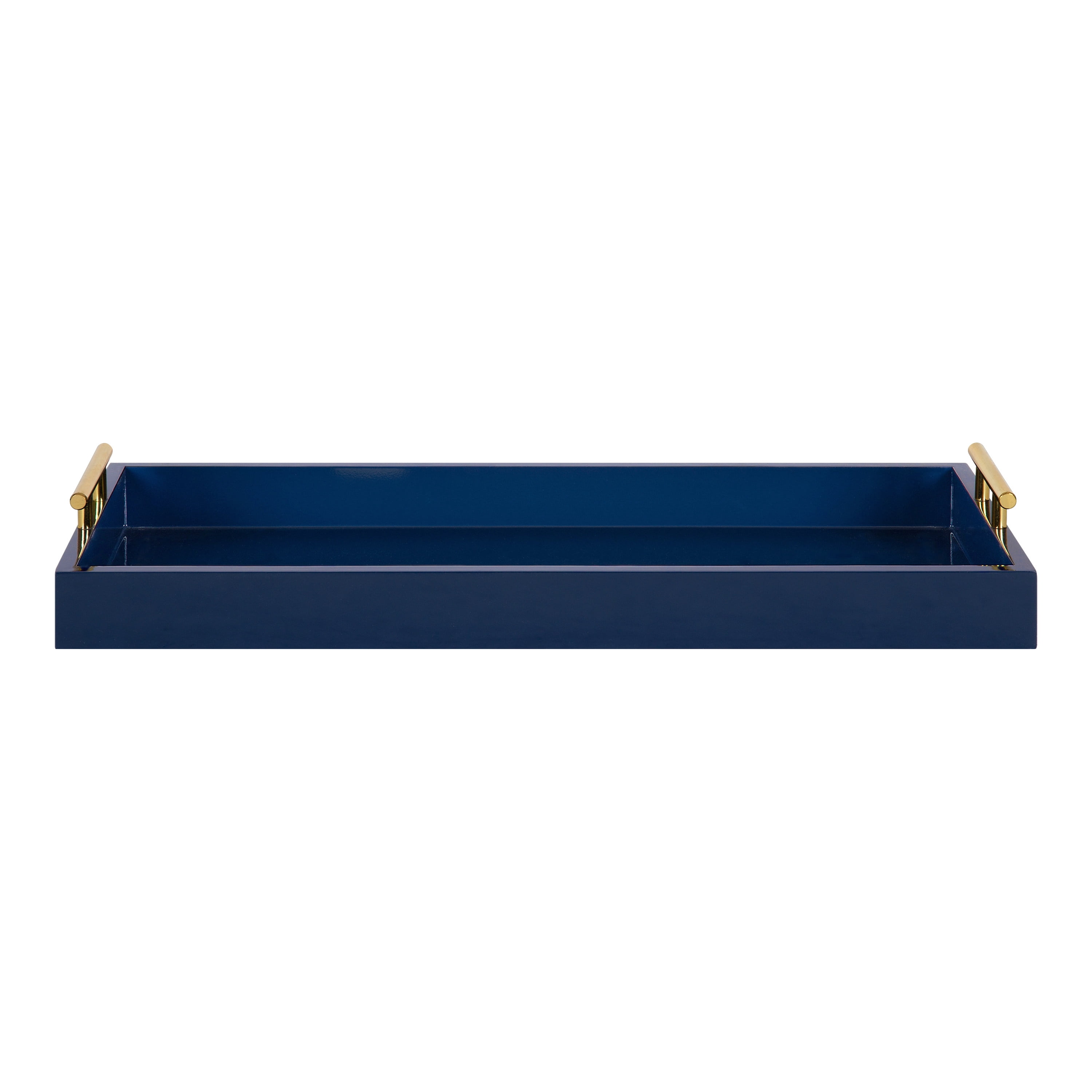 Kate and Laurel Lipton Narrow Decorative Tray with Polished Metal Handles, 10" x 24", Navy Blue and Gold, Chic Accent Tray for Display and Storage
