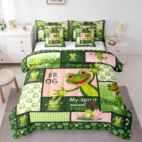 Castle Fairy Cute Animal Frog Bedding Comforter Set 7 Pieces for Preppy Child,Floral Lotus Full Bedding Set Lightweight,Geometric Plaid Fitted Sheet Flat Sheet,Ultra Soft Home Decor,Reversible