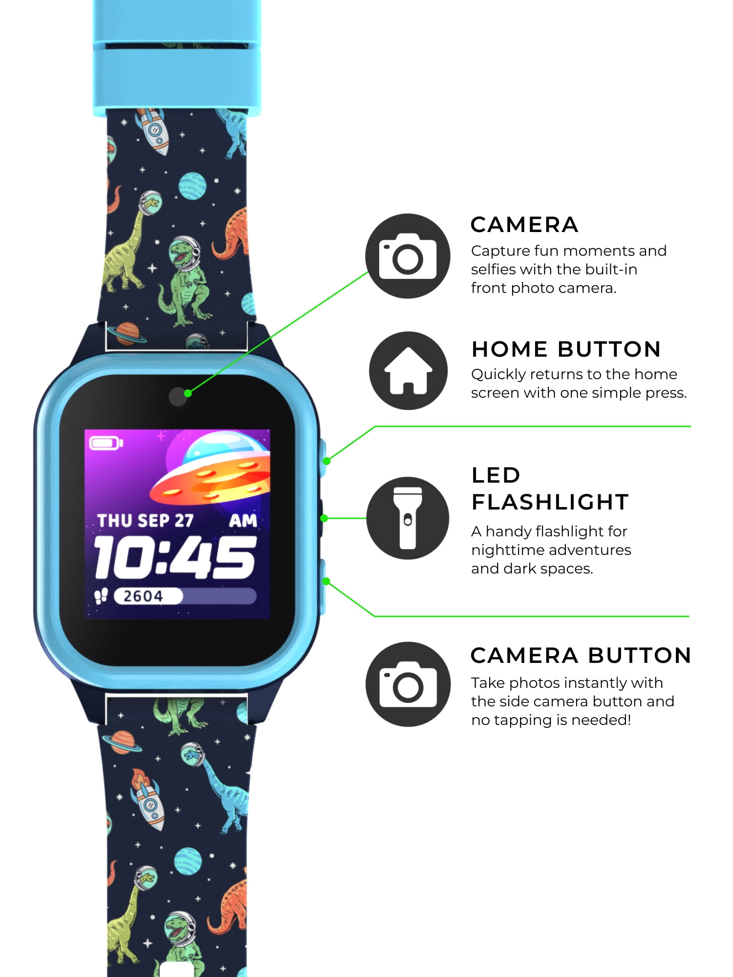 iTech Jr. 4 Kids Boys' Smartwatch with Camera, Audiobooks, and Games – Navy Blue Case with Navy Dinosaur Caricature Strap