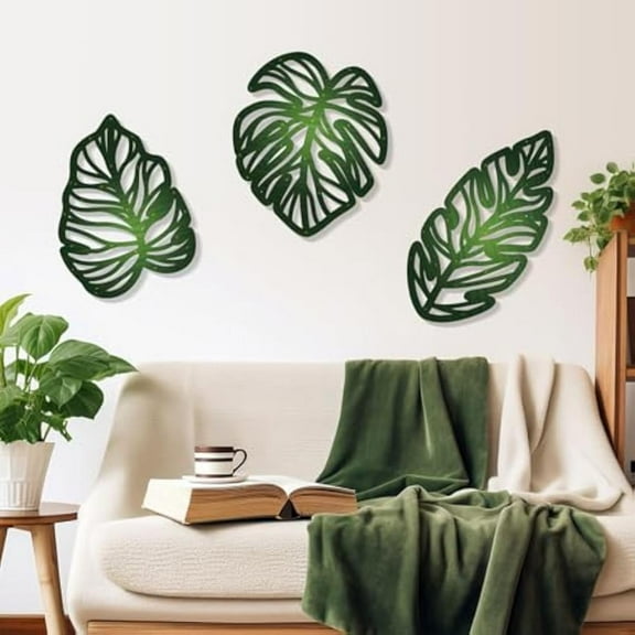 A set of 3 Tropical Wooden Palm Leaves Wall Art - DIY Wooden Leaf Plant Decor, Vintage Hanging Sculpture, Green Accent for Home Bathroom Office Tree Decorative Hollow Hawaiian Nature Artistic