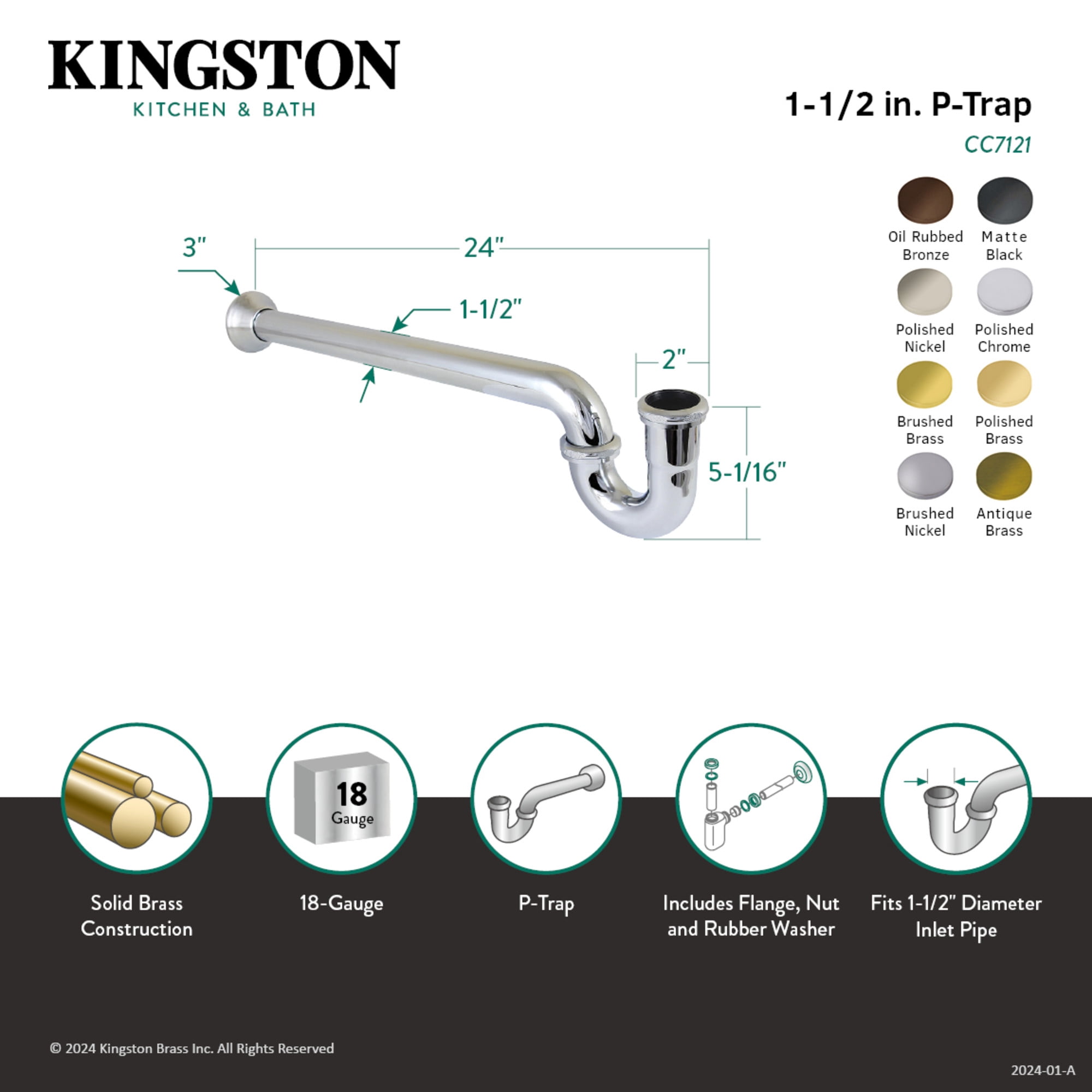 Kingston Brass CC7126 1-1/2" P-Trap with Bell Flange, 24" Length, 18 Gauge, Polished Nickel