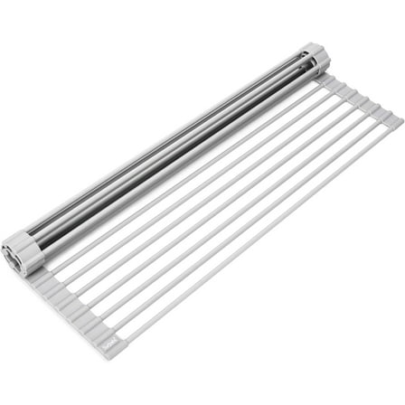Over Sink Foldable Multipurpose Roll-Up Dish Drying Rack, Silicone Wrapped Stainless Steel, Warm Gray, 20.5" x 13.1"