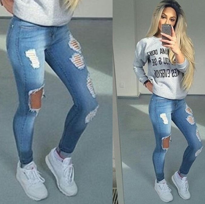 dark blue ripped jeans outfit