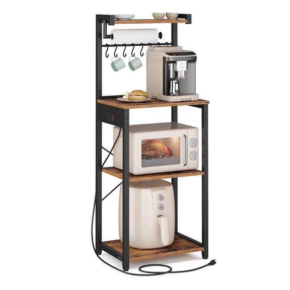 VASAGLE Kitchen Bakers Rack with Power Outlet, Coffee Bar 4-Tier with 8 S Hooks, Microwave Stand, Adjustable Shelf, Rustic Brown and Ink Black