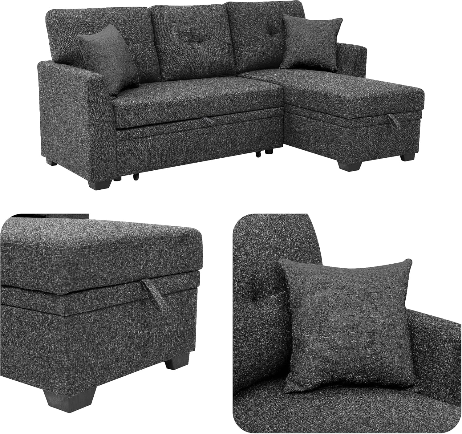 Howcool Sectional Sleeper Sofa with Pull Out Bed, 76.5"L Shape Convertible Linen Couch with Storage Chaise, 2 in 1 Pull Out Sofa Bed with 2 Seats, for Living Room, Apartment, Charcoal Black