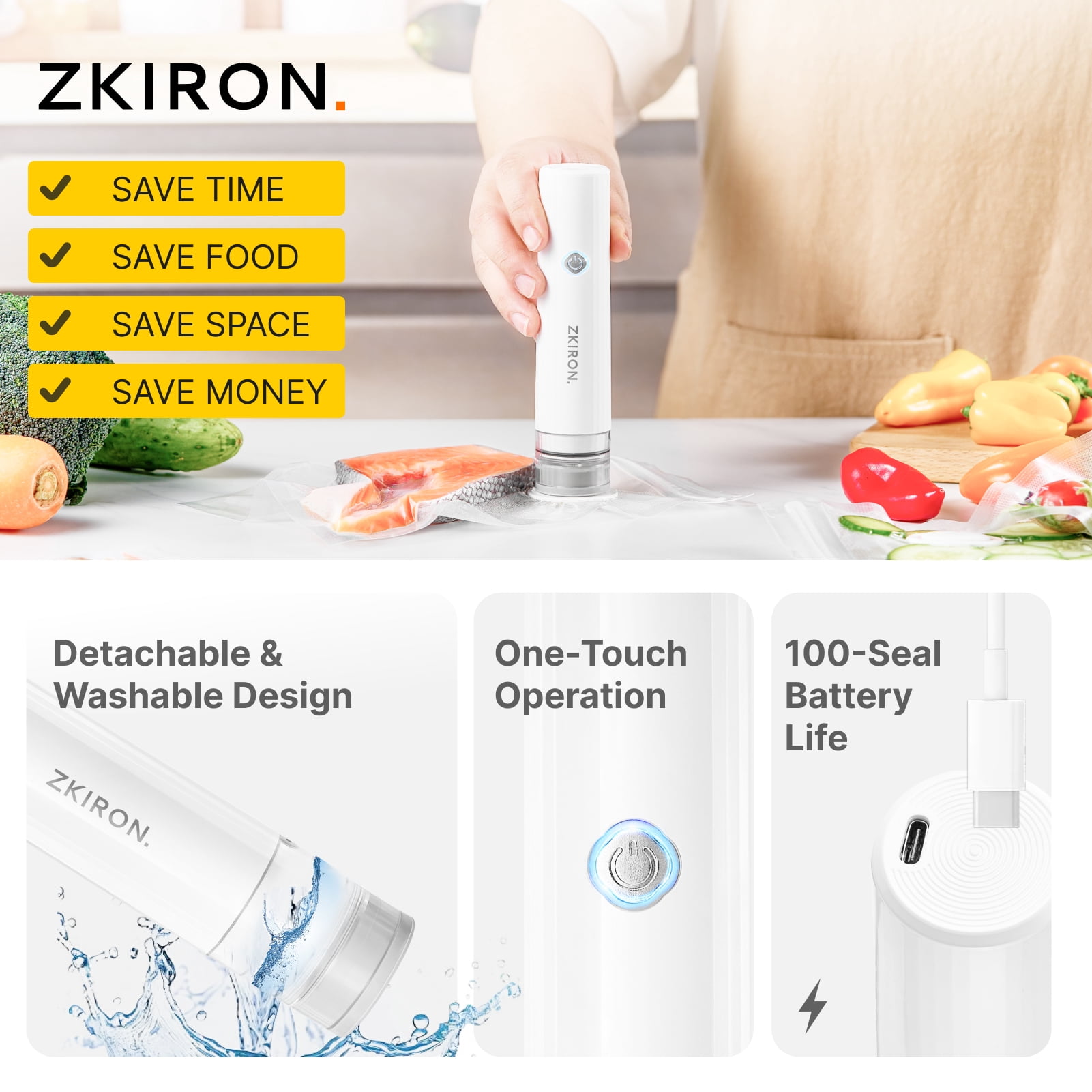 ZKIRON Handheld Vacuum Sealer for Food - Cordless Portable Food Sealer with 12 Reusable Vacuum Bags, Compact Food Saver for Sous Vide, Meal Prep & Kitchen Storage, One-Touch Freshness Preservation