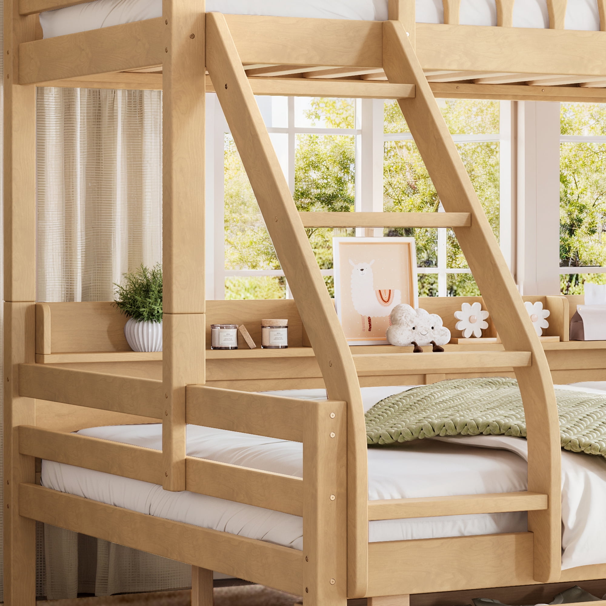 Leumius Twin XL over Queen Bunk Bed with Storage Drawers, Chic Curved Guardrail & Side Storage Shelves, Bunk Bed Frame with Ladder Natural