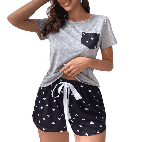 ebukurty Pajama Sets for Women 2 Piece Gray Short Sleeve Heart Pattern Sleepwear for Valentine's Day,Sizes S-XL