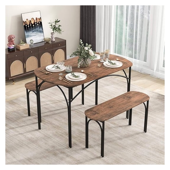 3-Piece Dining Table Set for 4, Wooden Kitchen Table and 2 Benches Set with Metal Frame, Space-Saving Dinette Set for Living Room, Dining Room, Breakfast Nook, Small Space