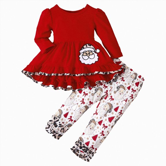 KPOPLK Toddler Baby Girl Clothes 18 24M-6T Christmas Outfit Long Sleeve Santa Dress Pants Set for Girls,Size 3-4 Years