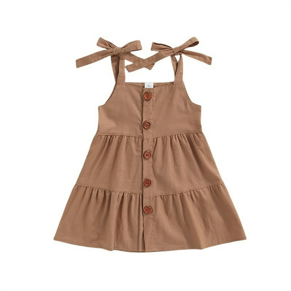 Coerni Girls Bow Strap Causal Beach Dress Summer Baggy Button Down Suspender Dresses Vintage Coffee Color Flowy Dress
