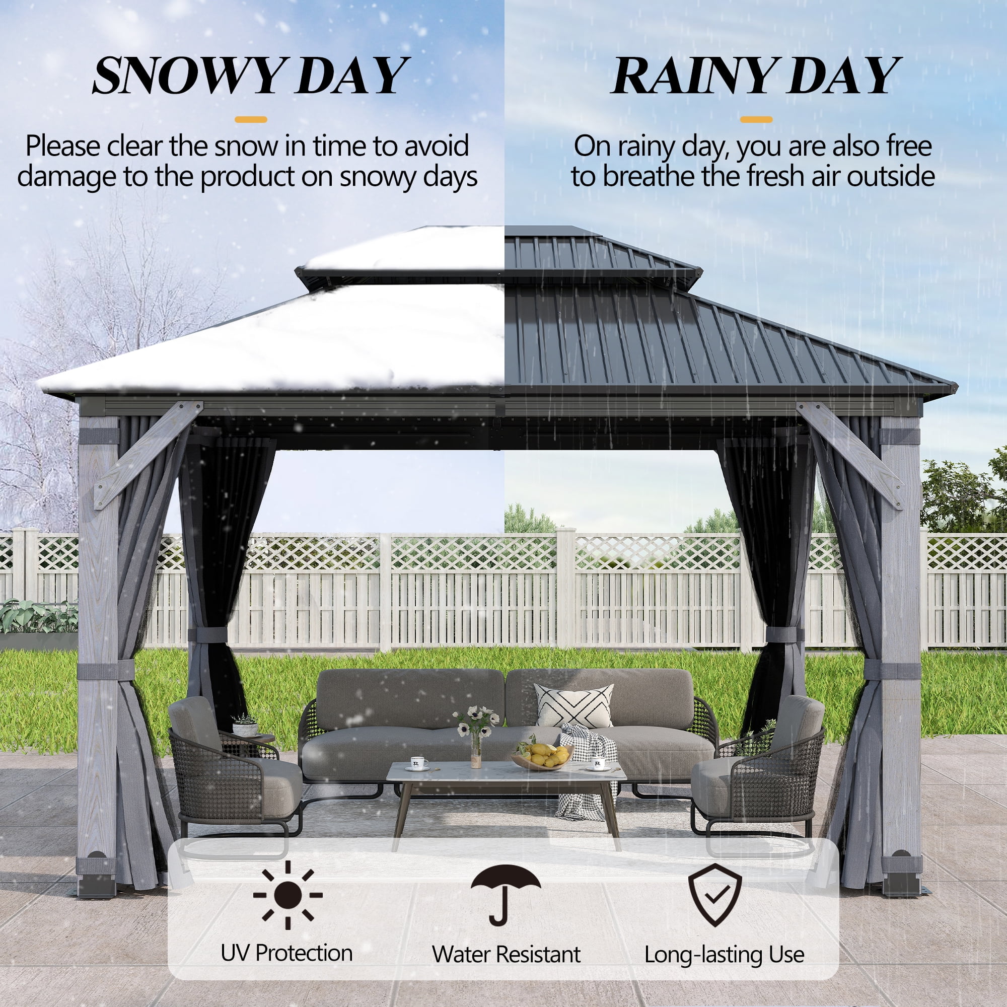 Howsvn 10 x 12 ft. Patio Cedar Wood Gazebo, Outdoor Double Roof Hardtop Wooden Gazebos with Curtains and Netting for Backyard, Deck