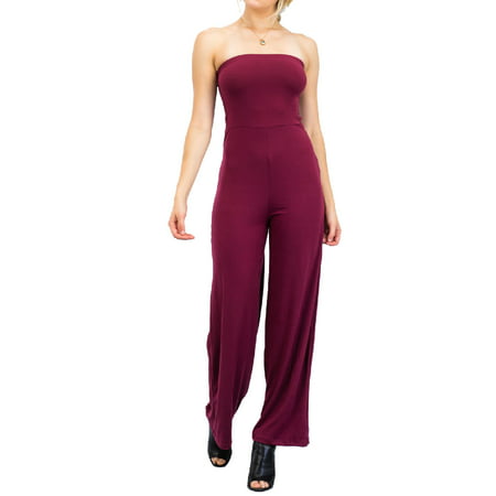 Made by Olivia Women's Casual Tube Top Strapless Stretchable Long Wide Leg Jumpsuit Burgundy S