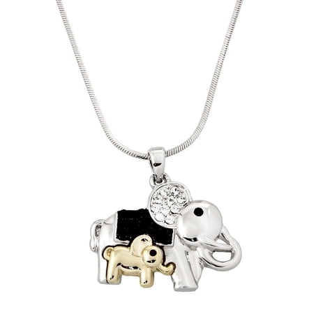 Elephant Pendant Necklace Rhinestone Crystal Rhodium High Polished J0100