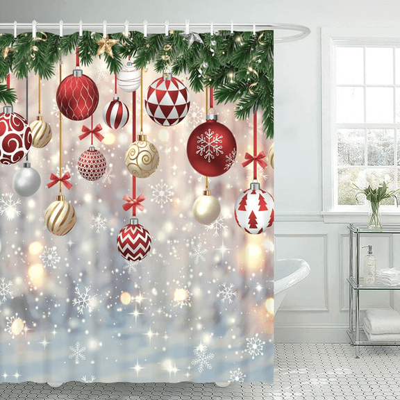 72x72in Christmas Shower Curtain Merry Xmas Colorful Balls Pine Trees Winter Wonderland Snowflakes Fabric Bathtub Curtain