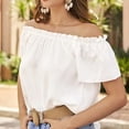 thumbnail image 3 of Blusa de verano con hombros descubiertos, informal, de color liso, de manga corta, con volantes, ajuste holgado, color blanco S, 3 of 7