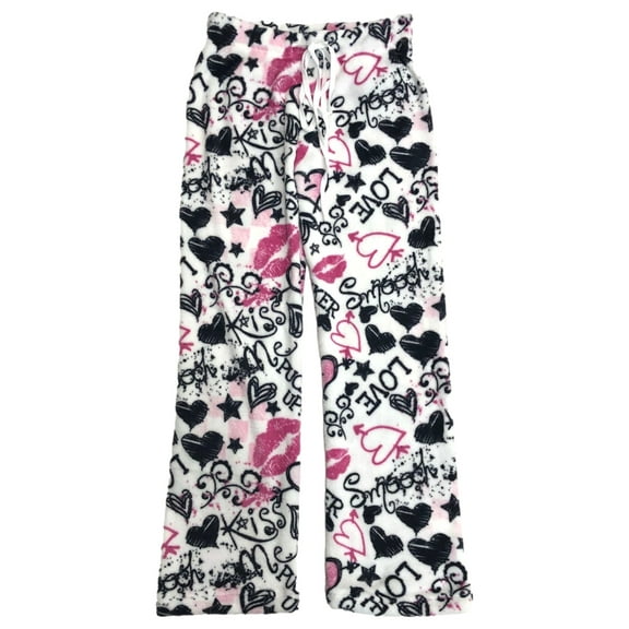 Womens Plush White Hearts & Kisses Love Print Sleep Pants Pajama Bottoms Medium