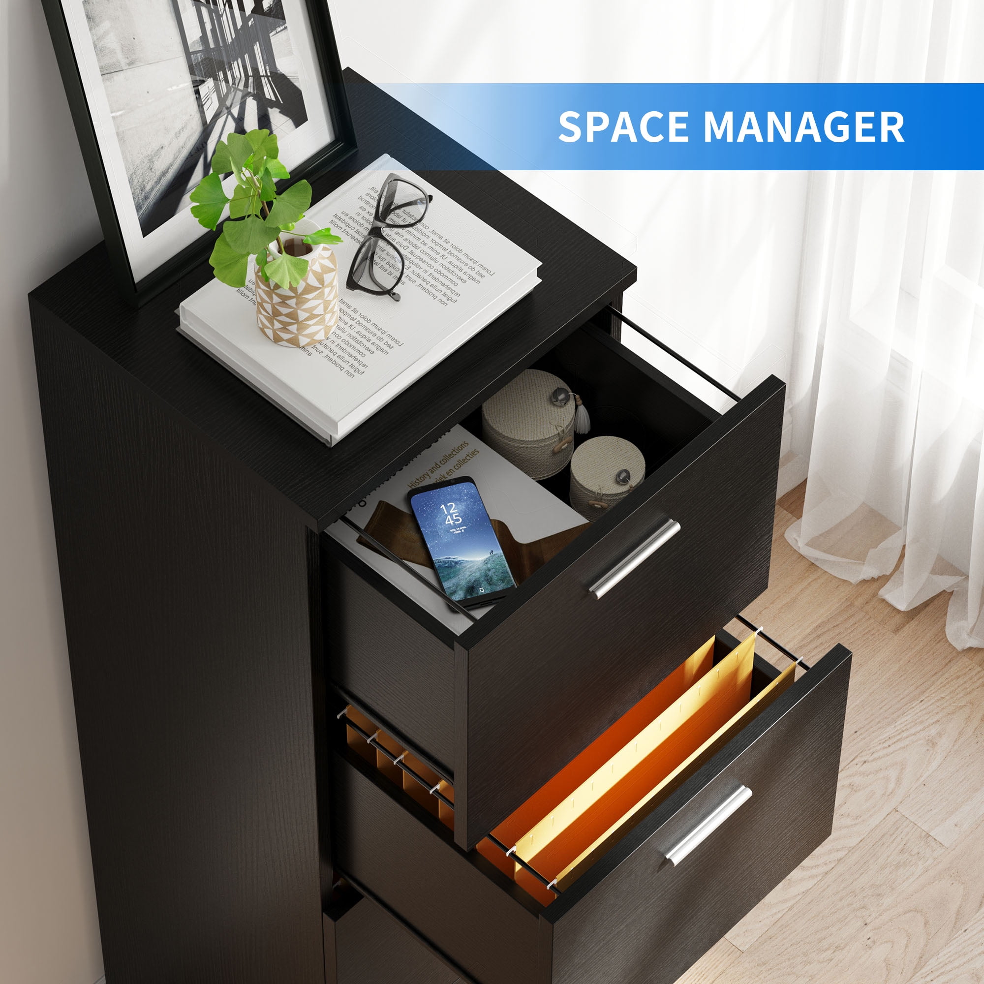 DEXTRUS 4-Drawer Wood File Cabinet with Lock,15.82" Deep Vertical Filing Cabinet for Letter A4-Sized Files, Easy to Assemble, Black