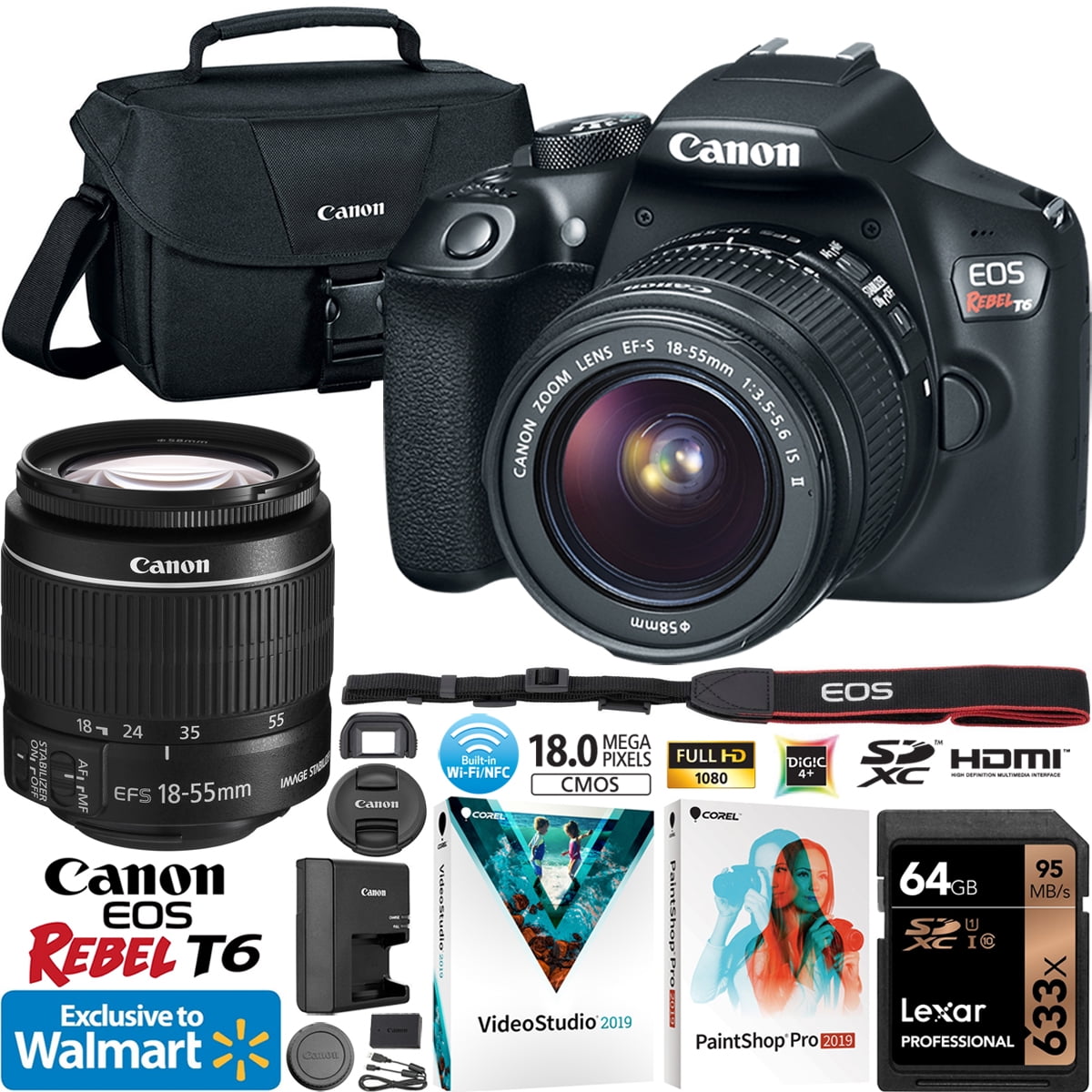 Canon EOS Rebel T6 DSLR Camera w/ EFS 1855mm IS II Lens Kit + Case