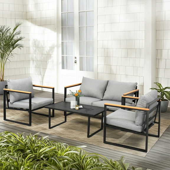 Ktaxon Outdoor Conversation Set, Metal Patio Set with Wood Veneer Handrail, for Backyard Balcony Deck with Soft Cushions and Coffee Table