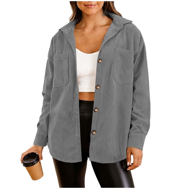 fatyb Womens Corduroy Shirts Button down Shacket with Pockets Casual Long Sleeve Collared Blouses Tops