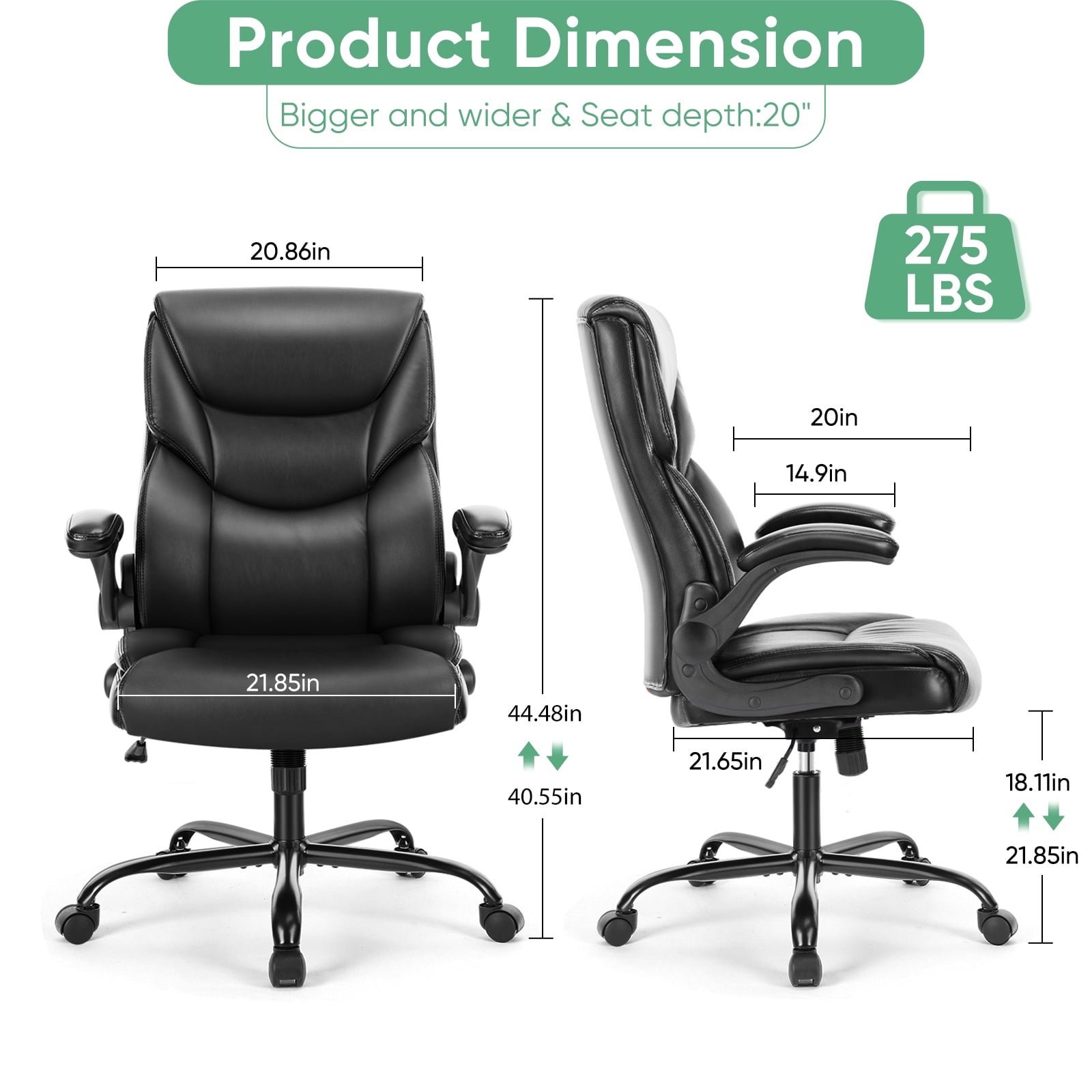 CONCETTA Leather Office Chair with Flip-Up Armrests, Black