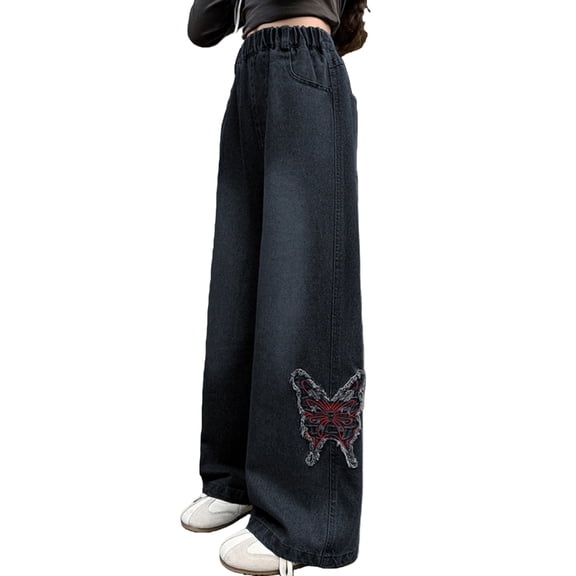 EnJoCho Tween Girls Baggy Jeans Pants 2025 Trendy 𝖸2𝖪 High Waistband Wide Leg Butterfly Embroidered Cute 6-14Y Distressed Vintag𝖾 Straight Flare Mom Jeans Casual Chic