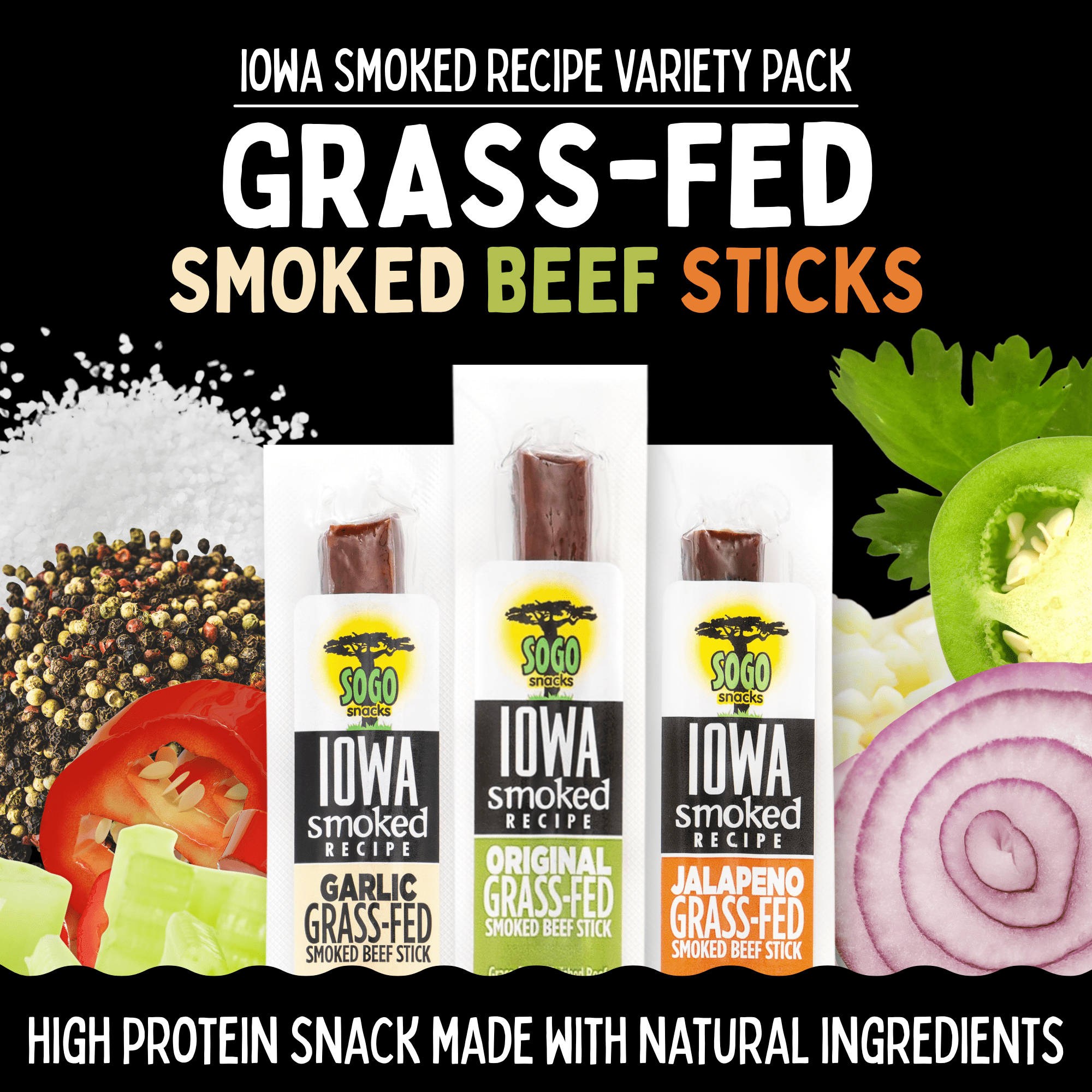 Iowa Smoked Variety Pack, No Sugar, 100% Grass-fed & finished, Non-GMO Beef Sticks. No Nitrates, Gluten, Soy, MSG, Dairy or Nuts (4 Org, 4 Garlic, 4 Jala, 12 Cnt, 1-oz)