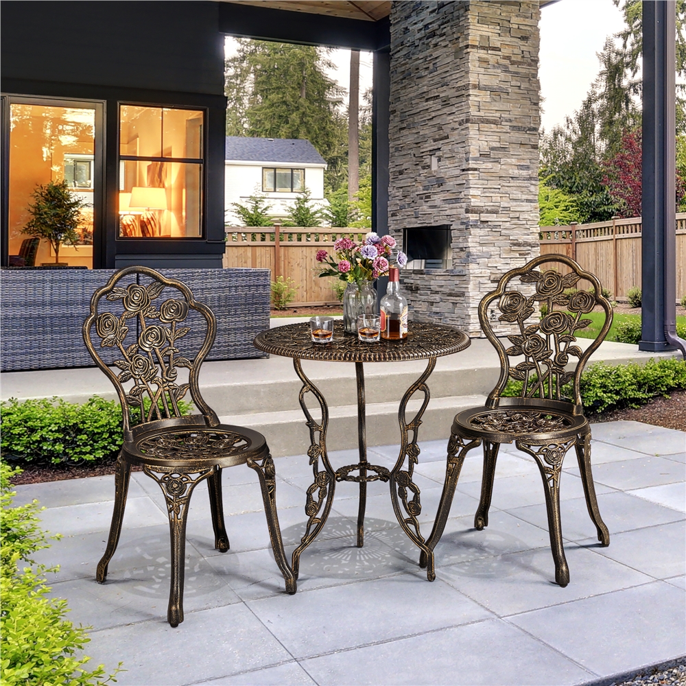 SmileMart 3-Piece Rose Pattern Metal Outdoor Bistro Set with Umbrella ...