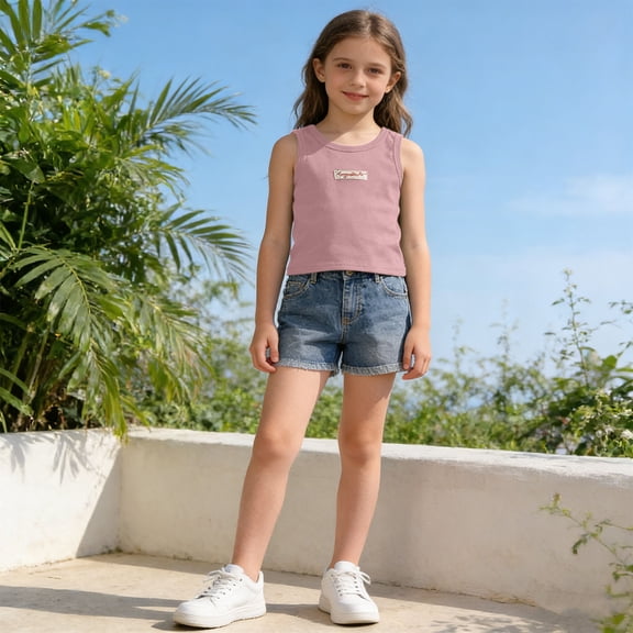 BRGZLK Toddler Girls Tank Tops 2026 Summer Sleeveless Crewneck Undershirts Lightweight Beach Vacation Cotton Basic Tees for Kids Pink 6-7 Years