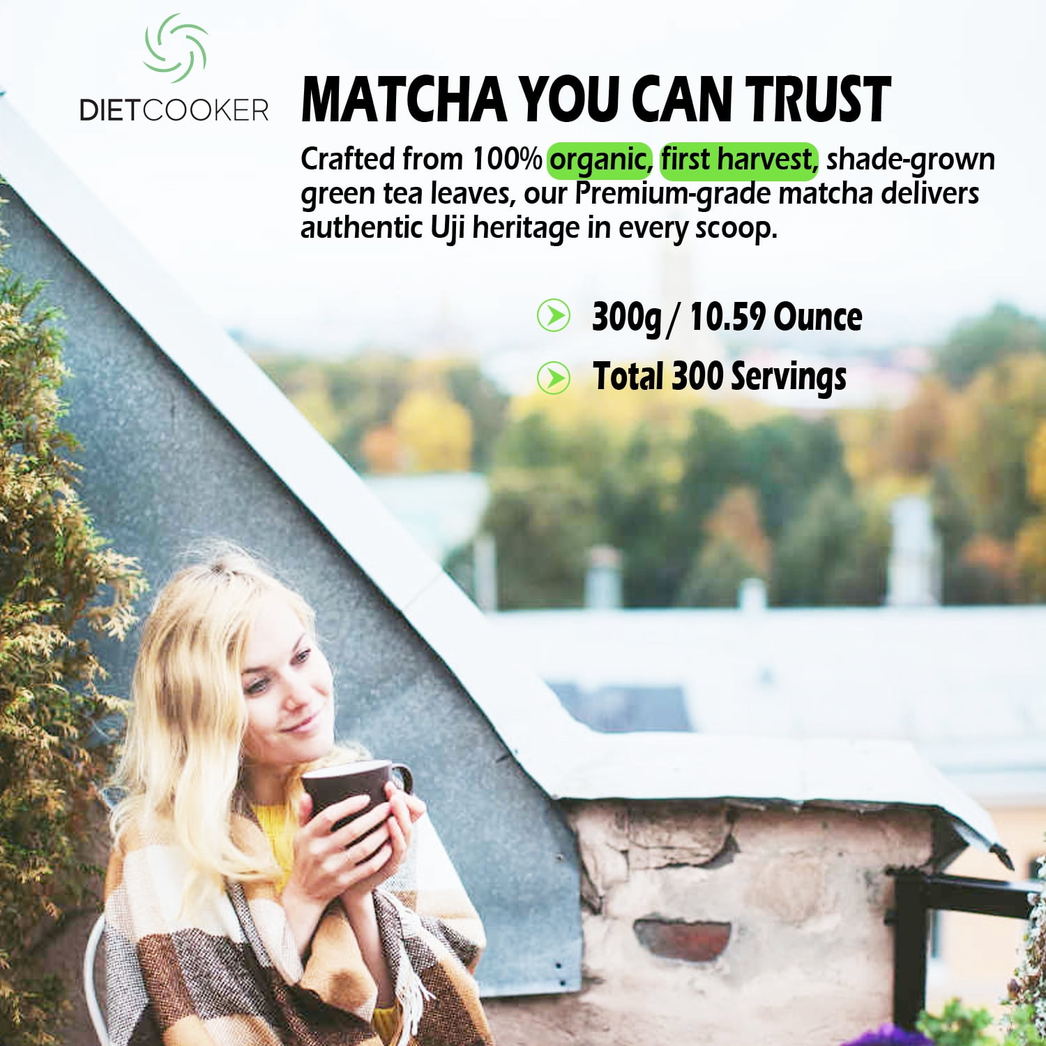DIET COOKER Organic Premium Grade Matcha Powder, 300g Premium First Harvest Green Tea Powder Vegan, Gluten-Free, Sugar-Free with No Additives